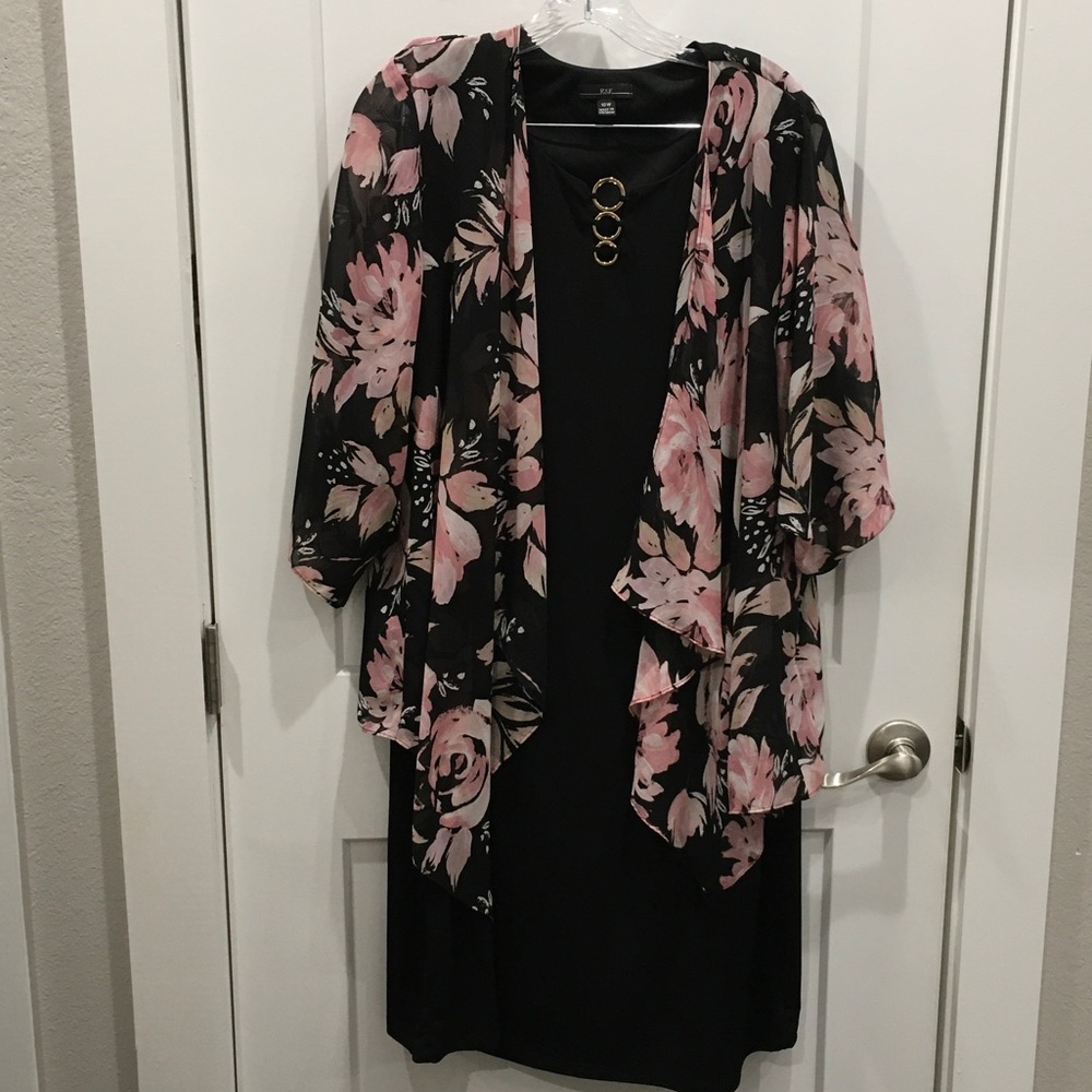 R&K 18W Floral Kimono Attached Cardigan with Black Dress New with Tags
